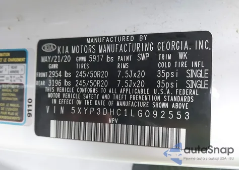 2020 Kia Telluride Ex z USA, uszkodzony, nr VIN 5XYP3DHC1LG092553